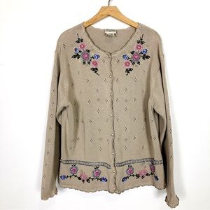 Vintage knit cardigan tan brown granny cottagecore embroidered chunky floral